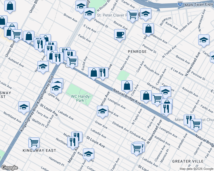 map of restaurants, bars, coffee shops, grocery stores, and more near 4700 Natural Bridge Avenue in St. Louis
