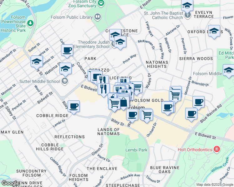 map of restaurants, bars, coffee shops, grocery stores, and more near 570-598 East Bidwell Street in Folsom