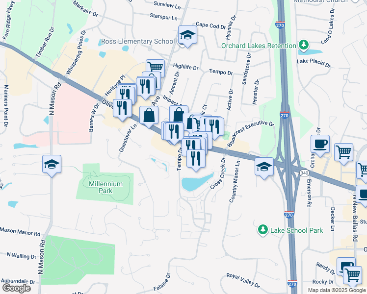 map of restaurants, bars, coffee shops, grocery stores, and more near 12521 Lighthouse Way Drive in Creve Coeur