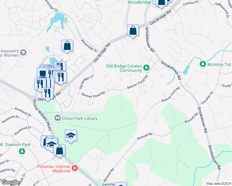 map of restaurants, bars, coffee shops, grocery stores, and more near 12937 Reese Court in Woodbridge