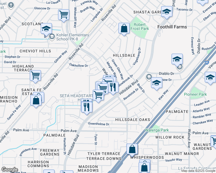 map of restaurants, bars, coffee shops, grocery stores, and more near 4564 Loch Haven Way in Sacramento