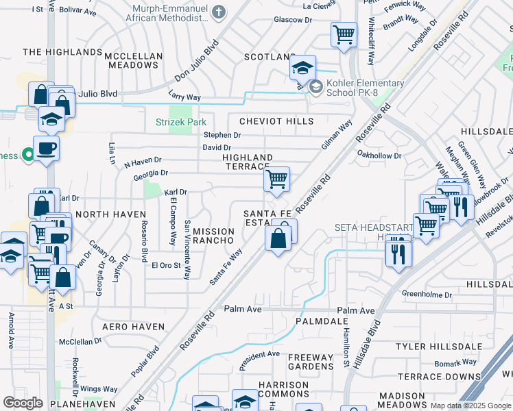 map of restaurants, bars, coffee shops, grocery stores, and more near 5832 San Ardo Way in North Highlands
