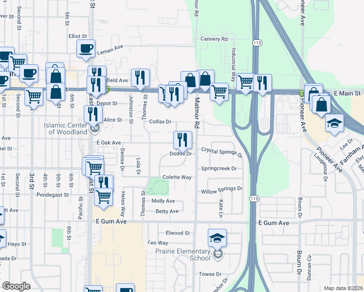 map of restaurants, bars, coffee shops, grocery stores, and more near 1384 Dodds Drive in Woodland