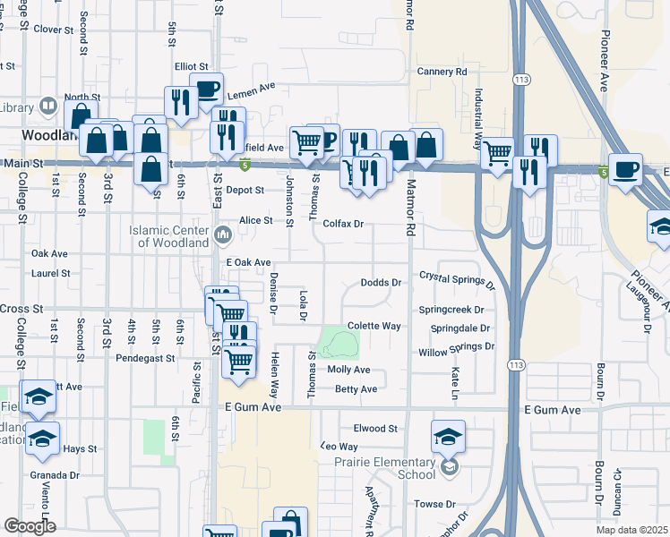 map of restaurants, bars, coffee shops, grocery stores, and more near 622 Dodds Drive in Woodland