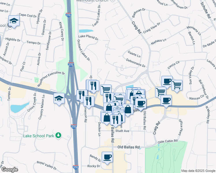 map of restaurants, bars, coffee shops, grocery stores, and more near 845 North New Ballas Court in Creve Coeur
