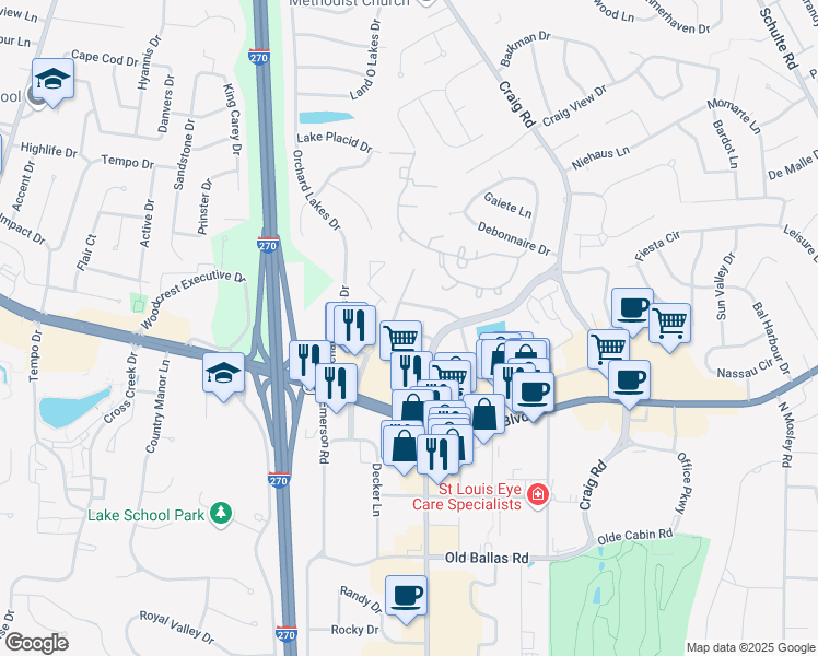 map of restaurants, bars, coffee shops, grocery stores, and more near 845 North New Ballas Court in Creve Coeur