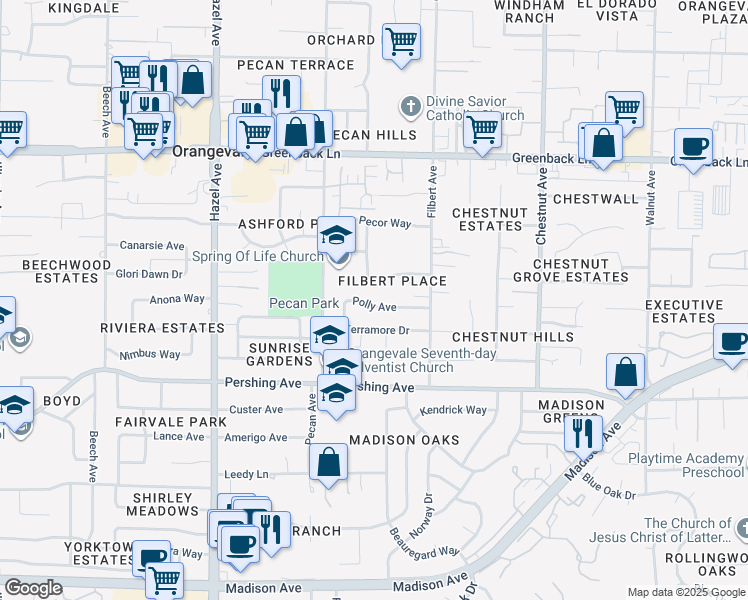 map of restaurants, bars, coffee shops, grocery stores, and more near 9047 Polly Avenue in Orangevale