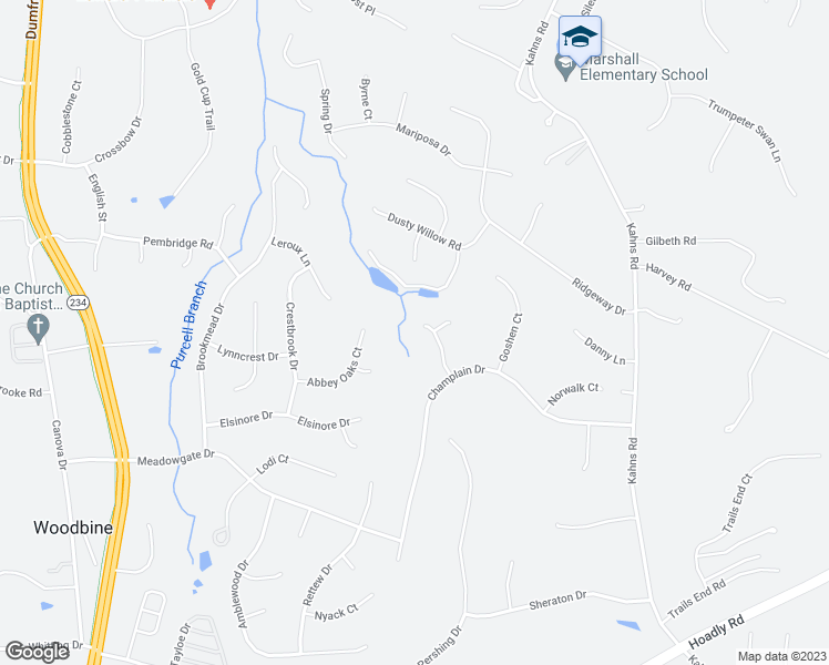 map of restaurants, bars, coffee shops, grocery stores, and more near 7421 Howell Run Court in Manassas