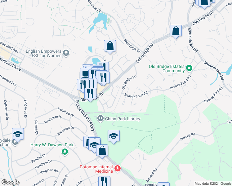 map of restaurants, bars, coffee shops, grocery stores, and more near 4028 Cressida Place in Woodbridge