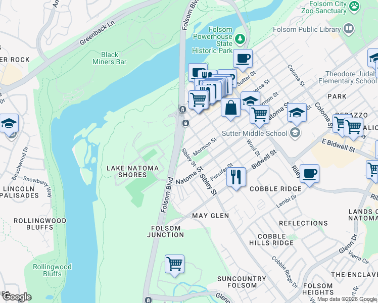 map of restaurants, bars, coffee shops, grocery stores, and more near 412 Sibley Street in Folsom