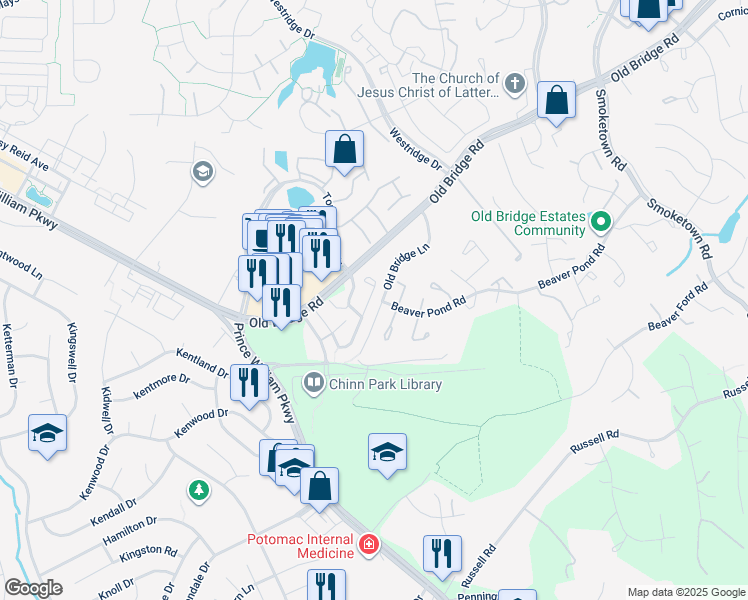 map of restaurants, bars, coffee shops, grocery stores, and more near 4021 Cressida Place in Woodbridge