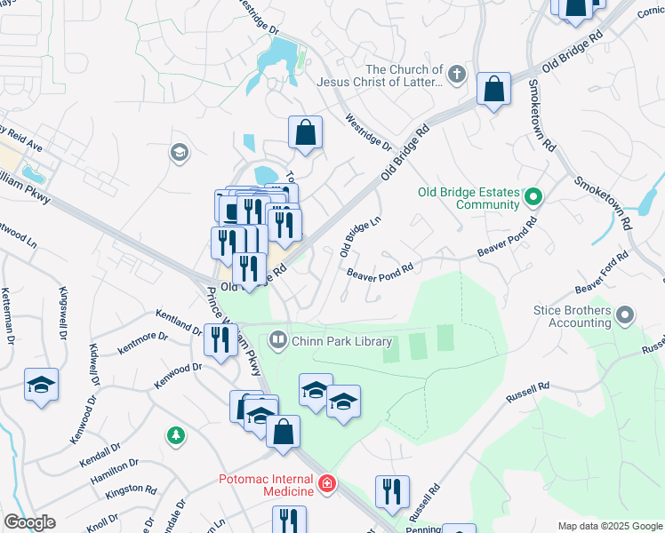 map of restaurants, bars, coffee shops, grocery stores, and more near 4021 Cressida Place in Woodbridge