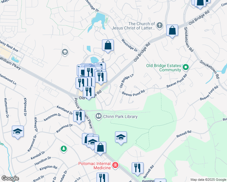 map of restaurants, bars, coffee shops, grocery stores, and more near 4028 Cressida Place in Woodbridge