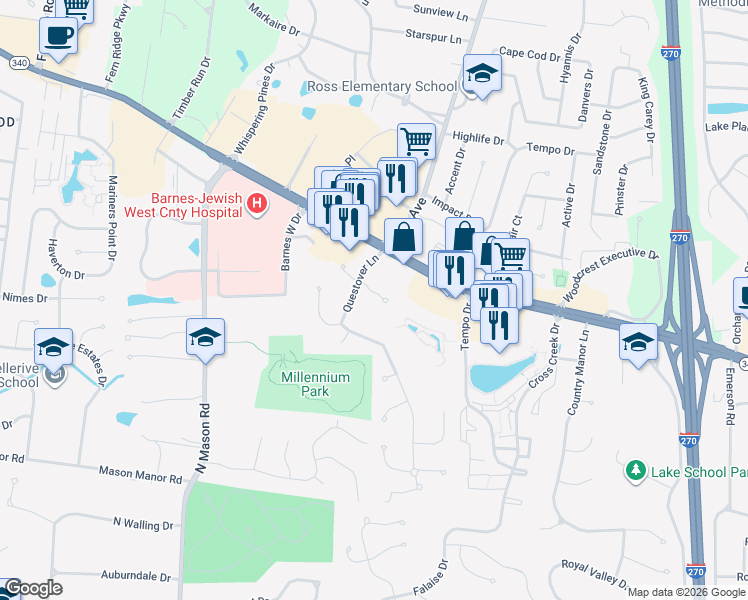 map of restaurants, bars, coffee shops, grocery stores, and more near 12400 Questover Manor Court in Creve Coeur