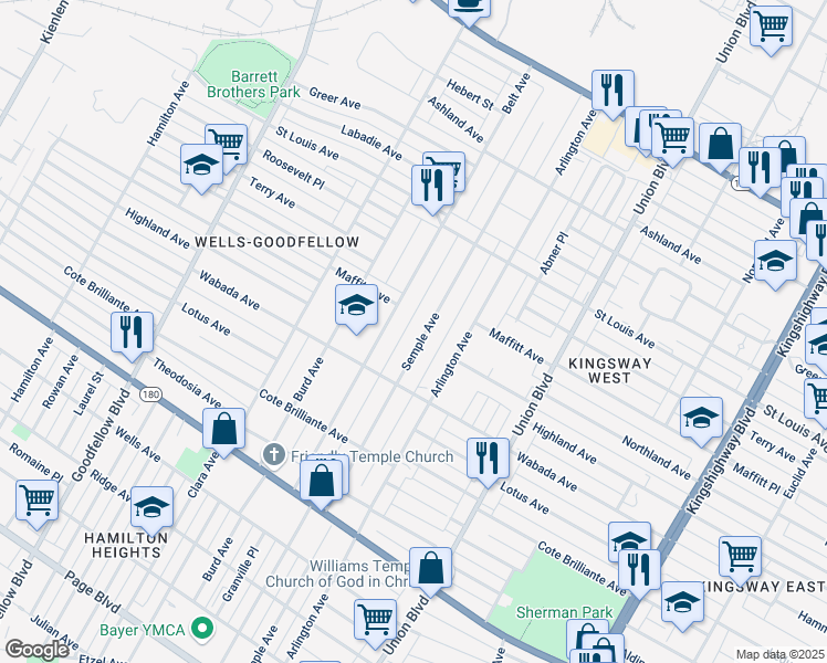 map of restaurants, bars, coffee shops, grocery stores, and more near 2541 Semple Avenue in St. Louis