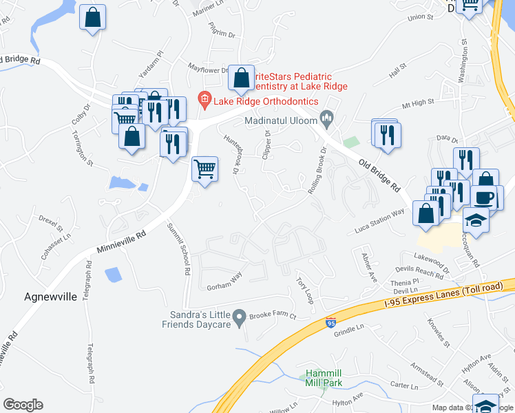 map of restaurants, bars, coffee shops, grocery stores, and more near 1989 Bowline Loop in Woodbridge