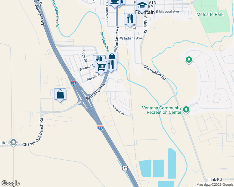 map of restaurants, bars, coffee shops, grocery stores, and more near 800 South Santa Fe Avenue in Fountain