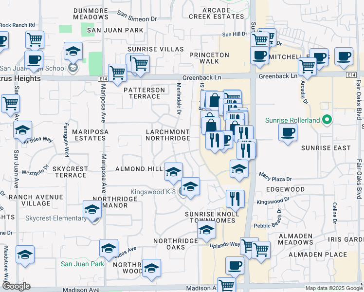 map of restaurants, bars, coffee shops, grocery stores, and more near 7760 Thrush Court in Citrus Heights
