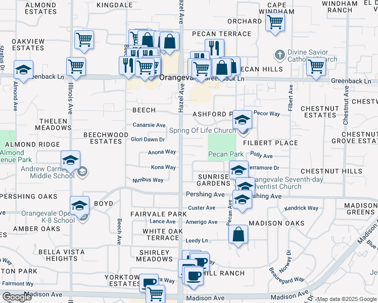 map of restaurants, bars, coffee shops, grocery stores, and more near 5817 Husker Street in Orangevale