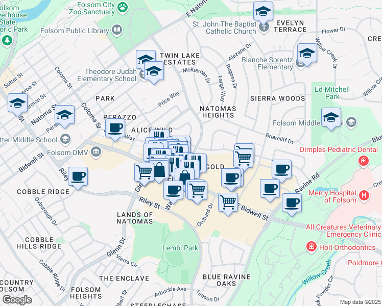 map of restaurants, bars, coffee shops, grocery stores, and more near 648 Duchow Way Bidwell Street Alley in Folsom