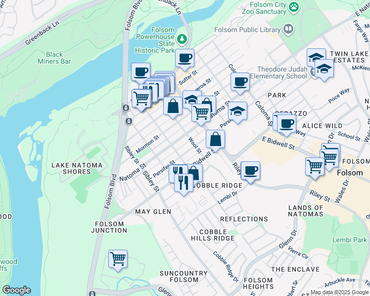 map of restaurants, bars, coffee shops, grocery stores, and more near 700 Decatur Street in Folsom