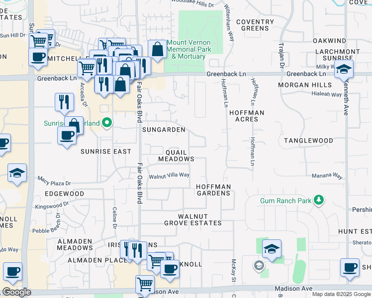 map of restaurants, bars, coffee shops, grocery stores, and more near 5965 Moss Creek Circle in Fair Oaks