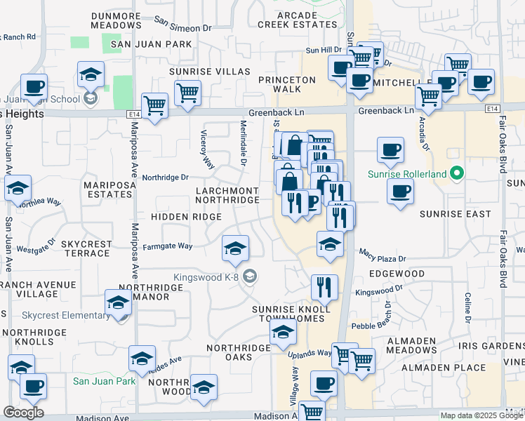 map of restaurants, bars, coffee shops, grocery stores, and more near 5849 Birdcage Street in Citrus Heights