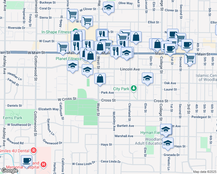 map of restaurants, bars, coffee shops, grocery stores, and more near 39 Park Avenue in Woodland