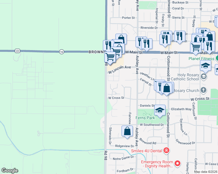 map of restaurants, bars, coffee shops, grocery stores, and more near Unknown in Woodland