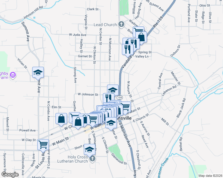 map of restaurants, bars, coffee shops, grocery stores, and more near 303 North Morrison Avenue in Collinsville