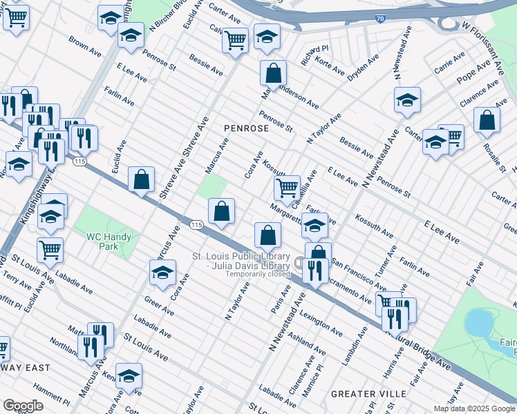map of restaurants, bars, coffee shops, grocery stores, and more near 4541 San Francisco Avenue in St. Louis