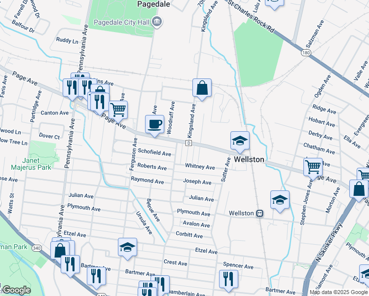 map of restaurants, bars, coffee shops, grocery stores, and more near 1210 Gruner Place in St. Louis