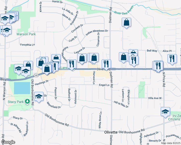 map of restaurants, bars, coffee shops, grocery stores, and more near 19 Crabapple Court in Olivette
