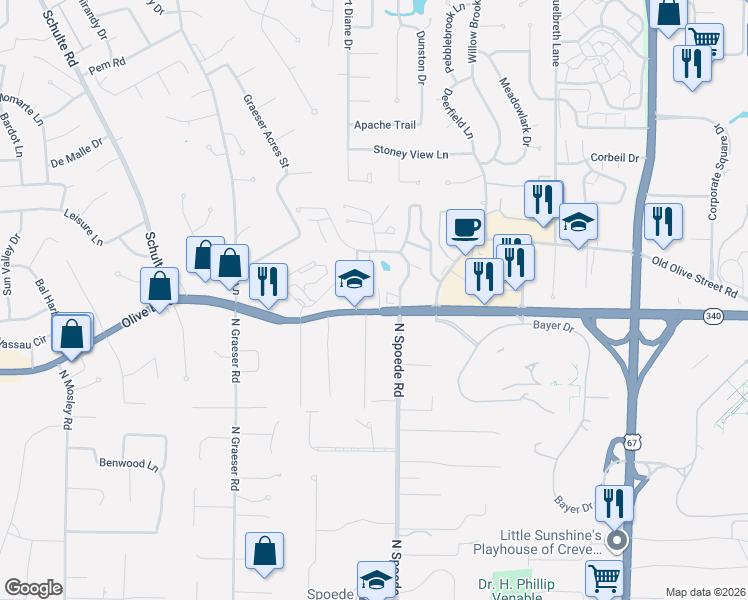 map of restaurants, bars, coffee shops, grocery stores, and more near 10812 Olive Boulevard in Creve Coeur