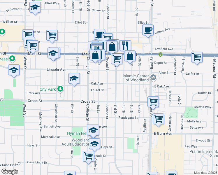 map of restaurants, bars, coffee shops, grocery stores, and more near 613 2nd Street in Woodland