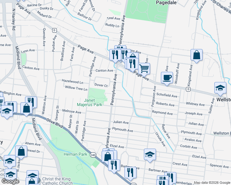 map of restaurants, bars, coffee shops, grocery stores, and more near 6959 Roberts Avenue in University City