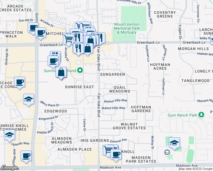 map of restaurants, bars, coffee shops, grocery stores, and more near 5847 Nuthatch Court in Fair Oaks