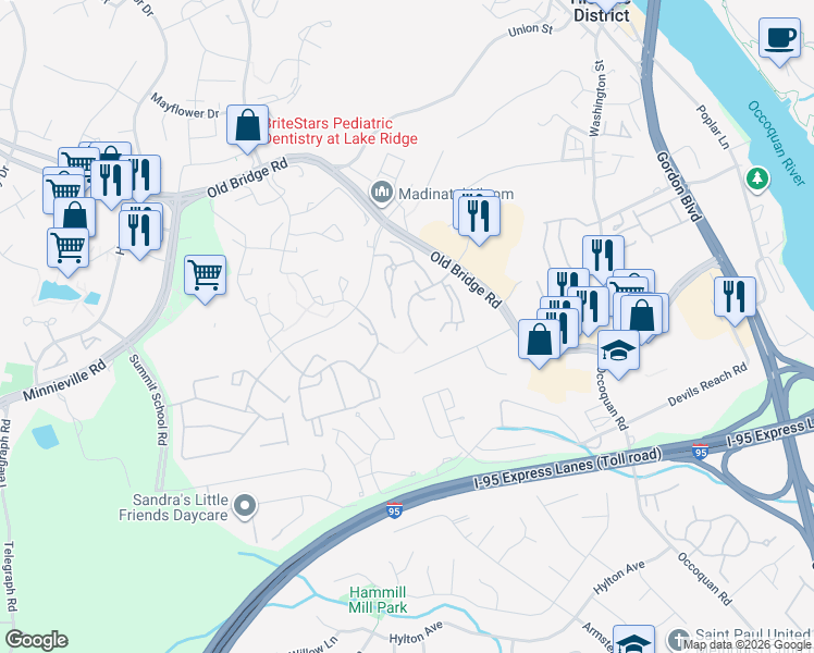map of restaurants, bars, coffee shops, grocery stores, and more near 12768 Wood Hollow Drive in Woodbridge