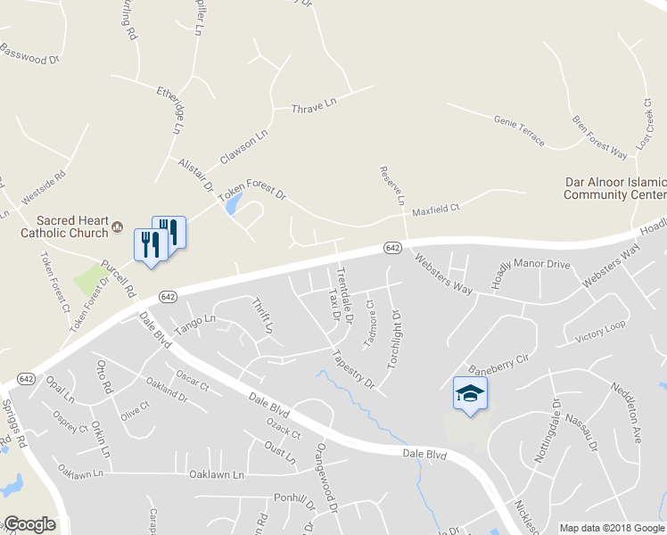 map of restaurants, bars, coffee shops, grocery stores, and more near 12937 Taxi Drive in Woodbridge