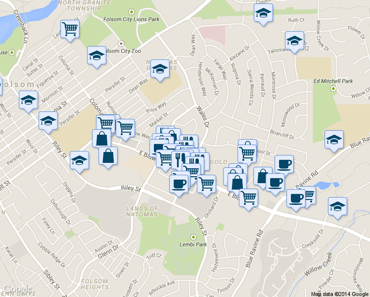 map of restaurants, bars, coffee shops, grocery stores, and more near 648 Duchow Way Bidwell Street Alley in Folsom