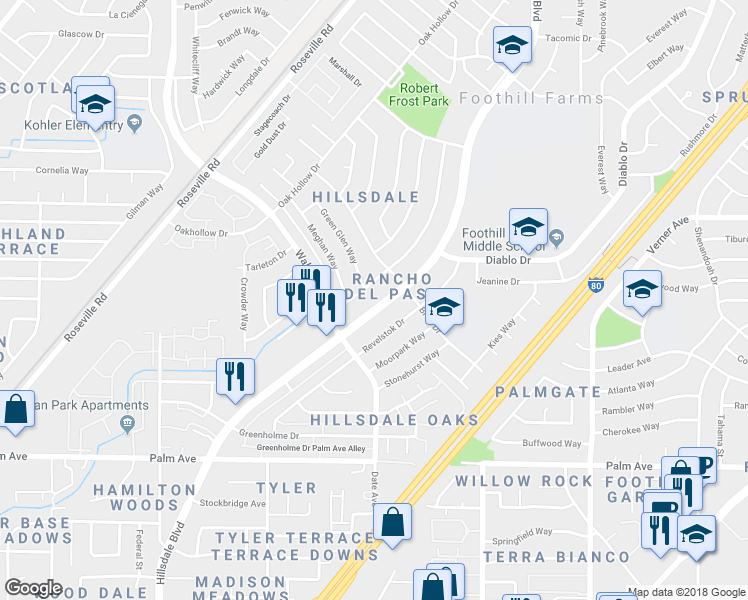 map of restaurants, bars, coffee shops, grocery stores, and more near 5849 Hillsdale Boulevard in Sacramento