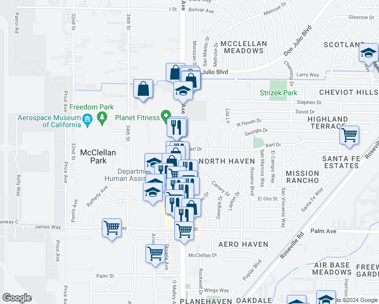 map of restaurants, bars, coffee shops, grocery stores, and more near 3600 Karl Drive in North Highlands