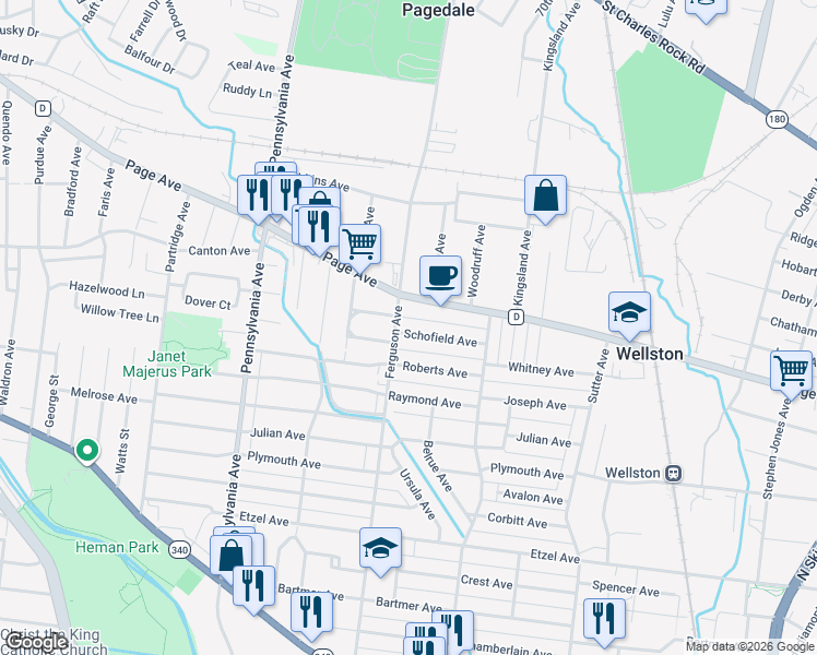 map of restaurants, bars, coffee shops, grocery stores, and more near 1268 Ferguson Avenue in St. Louis