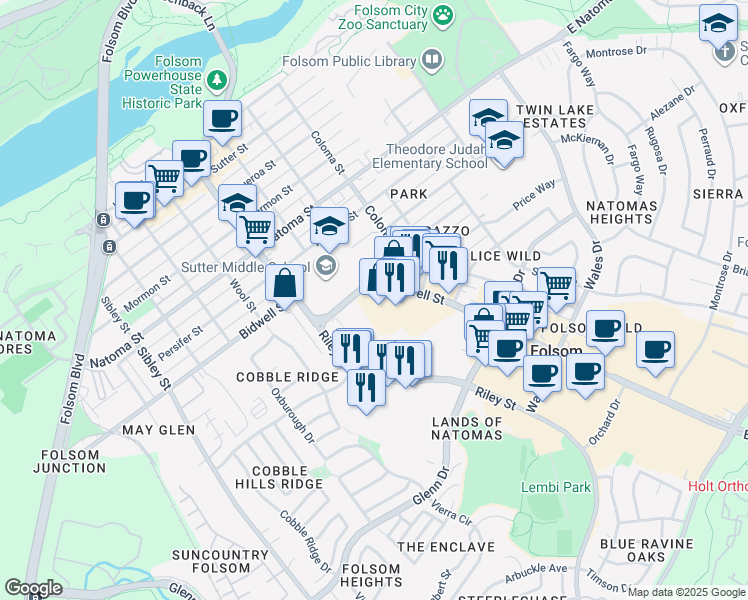 map of restaurants, bars, coffee shops, grocery stores, and more near 323 East Bidwell Street in Folsom