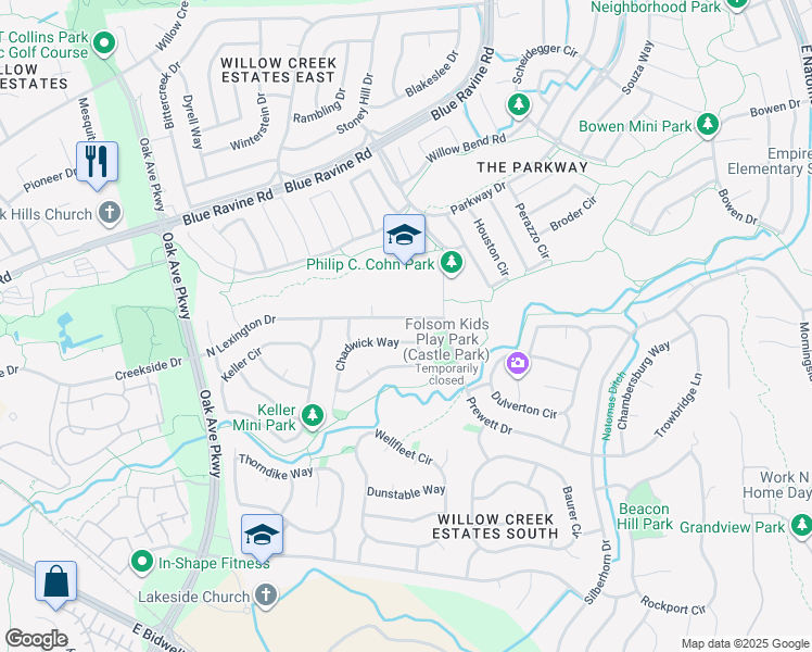 map of restaurants, bars, coffee shops, grocery stores, and more near 441 North Lexington Drive in Folsom