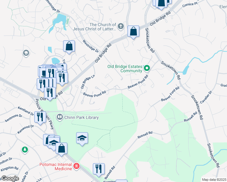 map of restaurants, bars, coffee shops, grocery stores, and more near 12932 Reese Court in Woodbridge