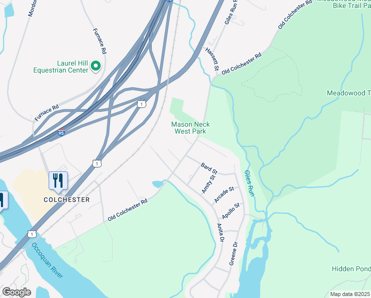 map of restaurants, bars, coffee shops, grocery stores, and more near 10434 Old Colchester Road in Lorton