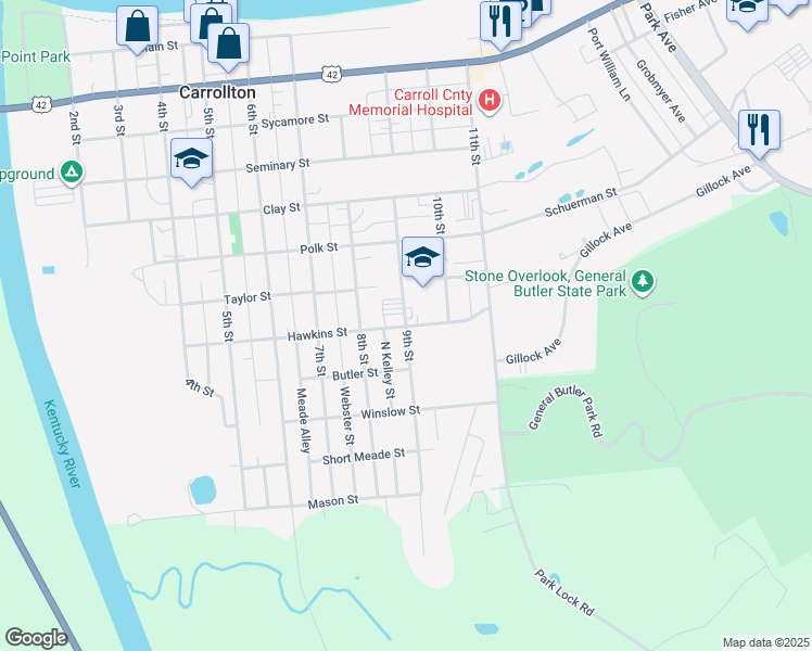 map of restaurants, bars, coffee shops, grocery stores, and more near 907 Hawkins Street in Carrollton