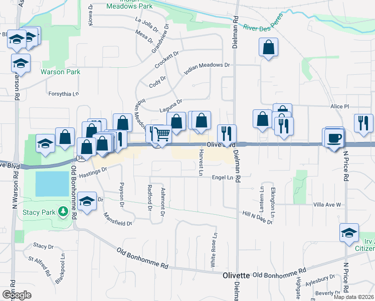 map of restaurants, bars, coffee shops, grocery stores, and more near 9470 Olive Boulevard in Olivette