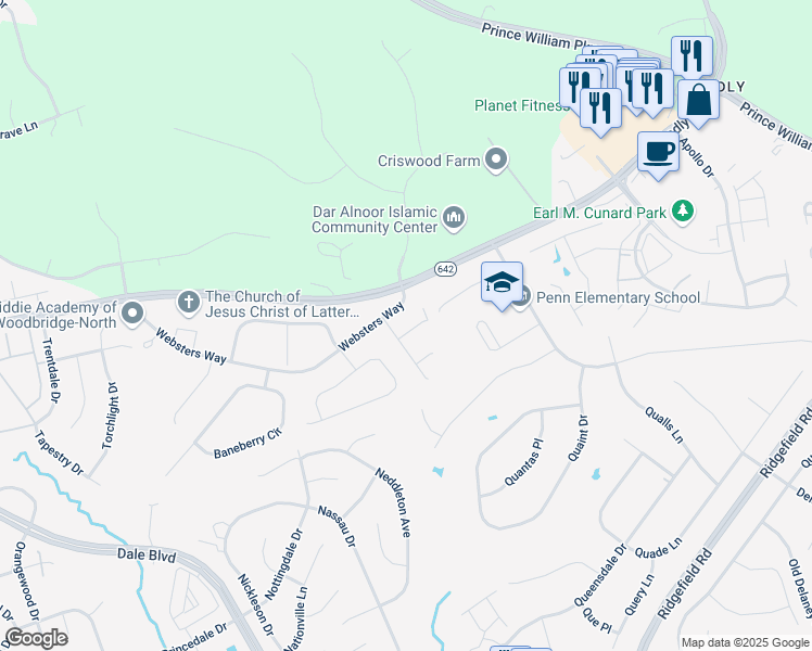 map of restaurants, bars, coffee shops, grocery stores, and more near 5500 Amberview Court in Manassas